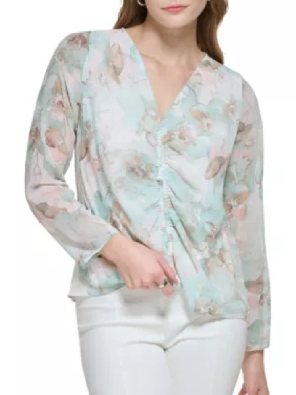 Calvin Klein Pastel Blousen sleeve Watercolor V-Neck Ruched chiffon top XL